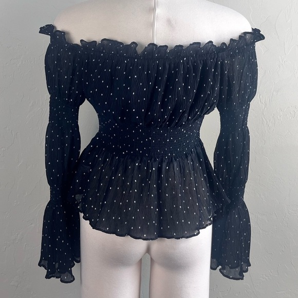 Endless Rose Sheer Black White Polka Dot Smocked Top - Picture 6 of 7